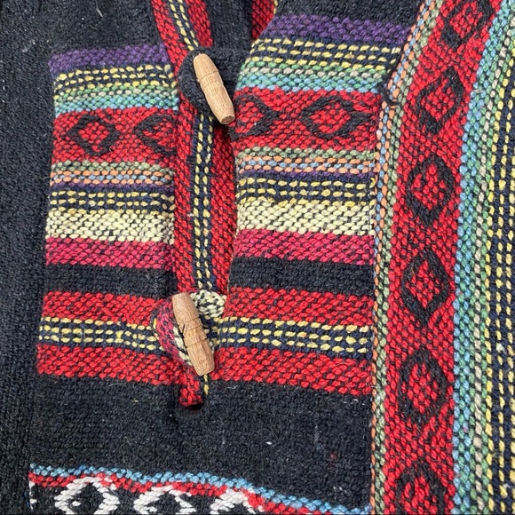 Vintage Hand Woven Baja Hoodie Multicolour Tapestry Wood Toggles Boho Hippie S - Picture 4 of 14